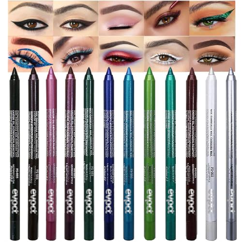 evpct 12Pcs Green Blue White Black Brown Purple Color Gel Glitter Eyeliner Pencils Set for Women Waterline Waterproof Smudge Proof lapiz de ojos delineador de ojos contra el agua Eye Liner Makeup 1-5